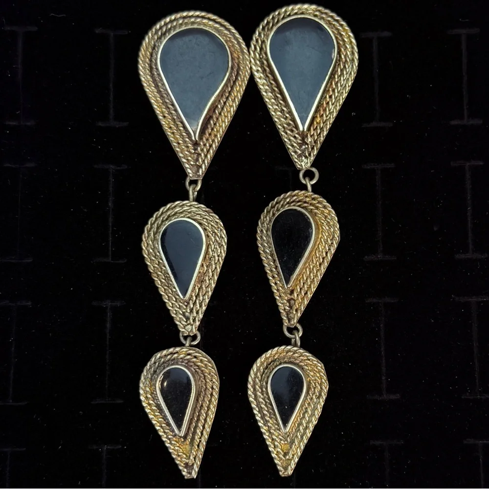 Gorgeous, vintage weighted, Silvertone and black costume long pierced earrings